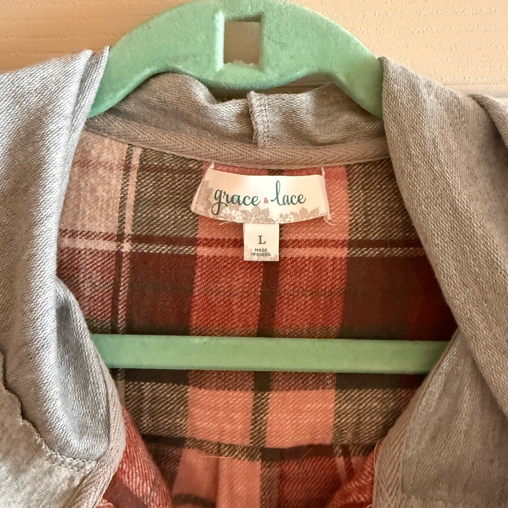 Grace & Lace Plaid Long Sleeve Hoodie - Red, Pink, Gray - Picture 2 of 3